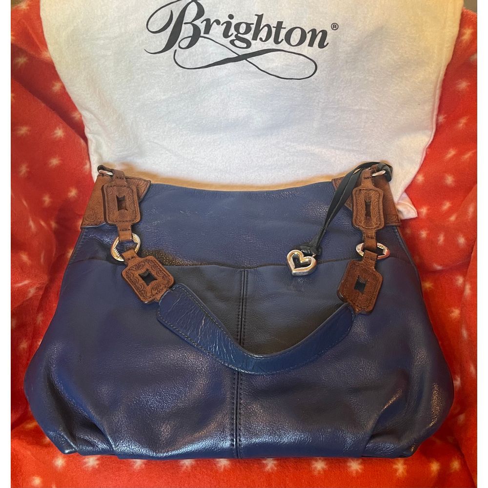 Brighton Navy Blue Leather Handbag‎ with Brown Accents and Heart Charm
